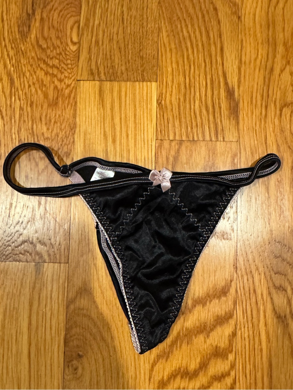 Nature’s Intimates Black Satin Lace-Trim Thong Panty Pink Bow Underwear S M 6